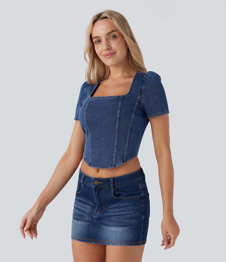 Halara Flex™ Square Neck Short Sleeve Curved Hem Stretchy Knit Denim Cropped Casual Blouse