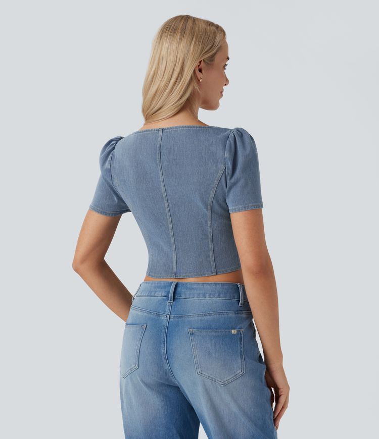 Blouse décontractée courte en maille extensible façon denim Flex™, col carré, manches courtes et ourlet arrondi
