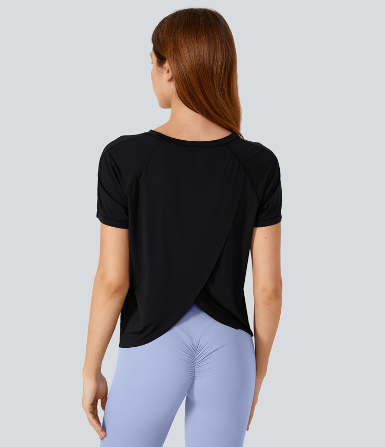 Contrast Mesh Split Hem Short Sleeve Cool Touch Yoga Sports Top-UPF50+