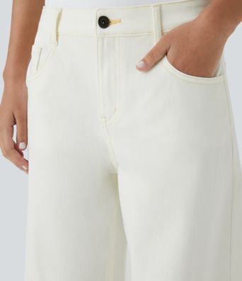 Halara Flex™ Low Rise Zipper Pockets Washed Baggy Wide Leg Casual Jeans