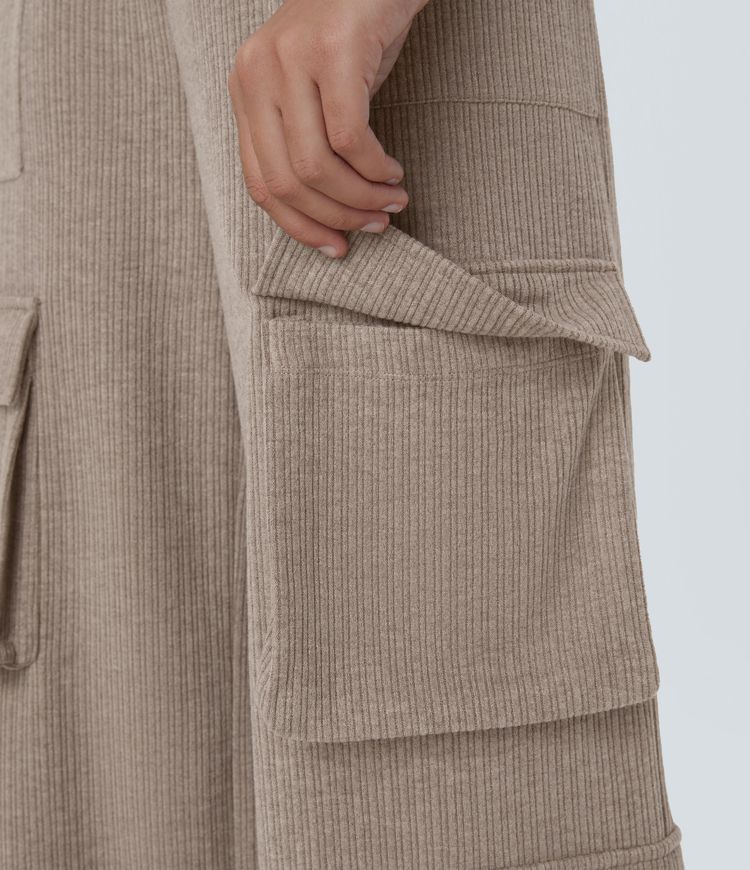 Ribbed Mid Rise Drawstring Pockets Wide Leg Cargo Casual Pants