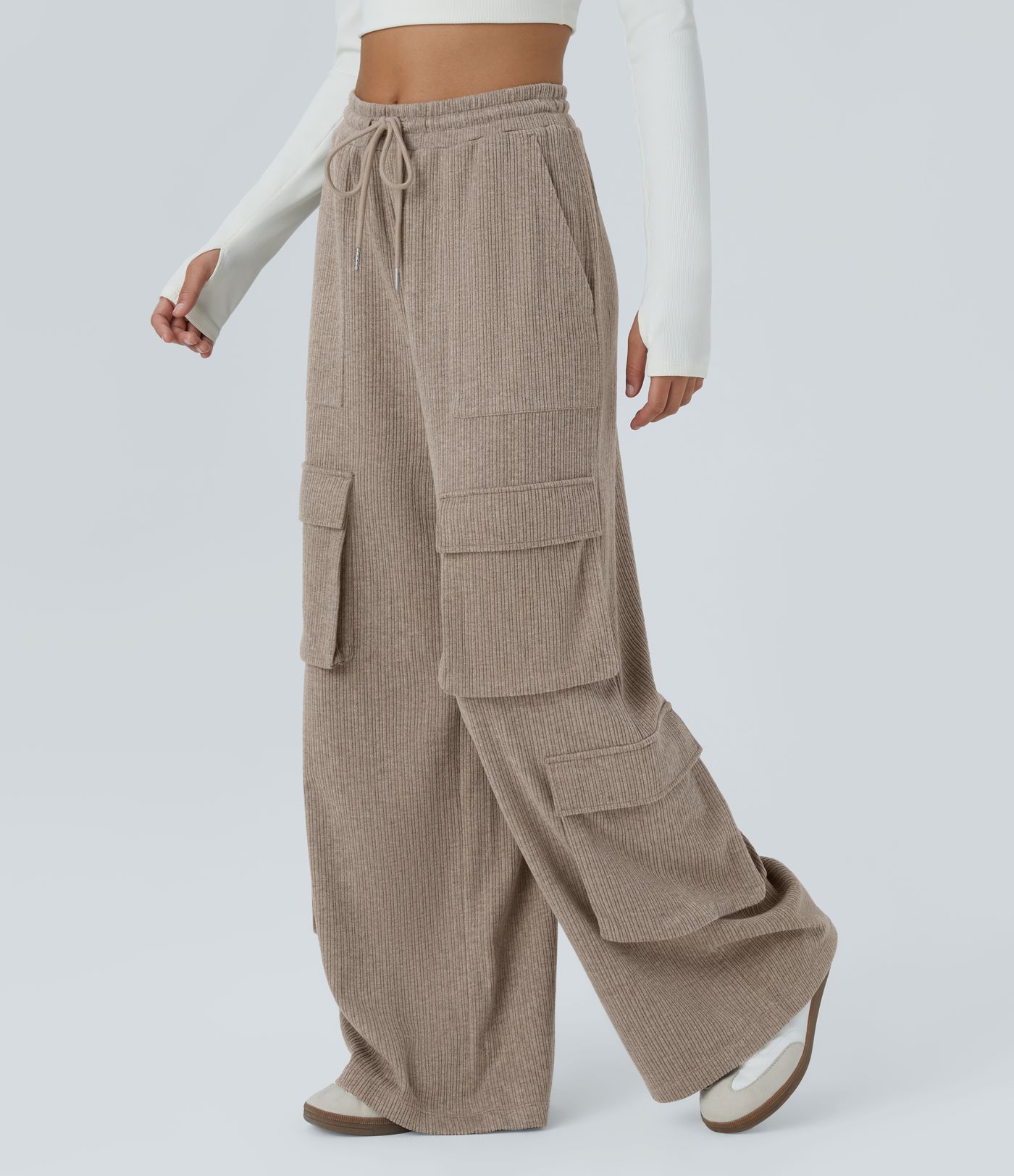Ribbed Mid Rise Drawstring Pockets Wide Leg Cargo Casual Trousers