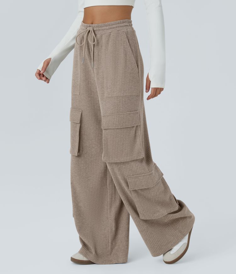 Ribbed Mid Rise Drawstring Multiple Pockets Wide Leg Cargo Casual Pants