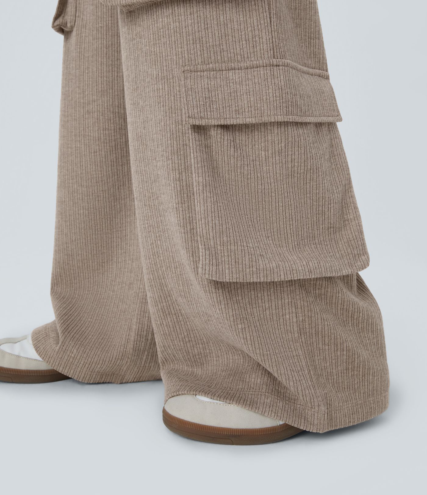 Ribbed Mid Rise Drawstring Pockets Wide Leg Cargo Casual Trousers