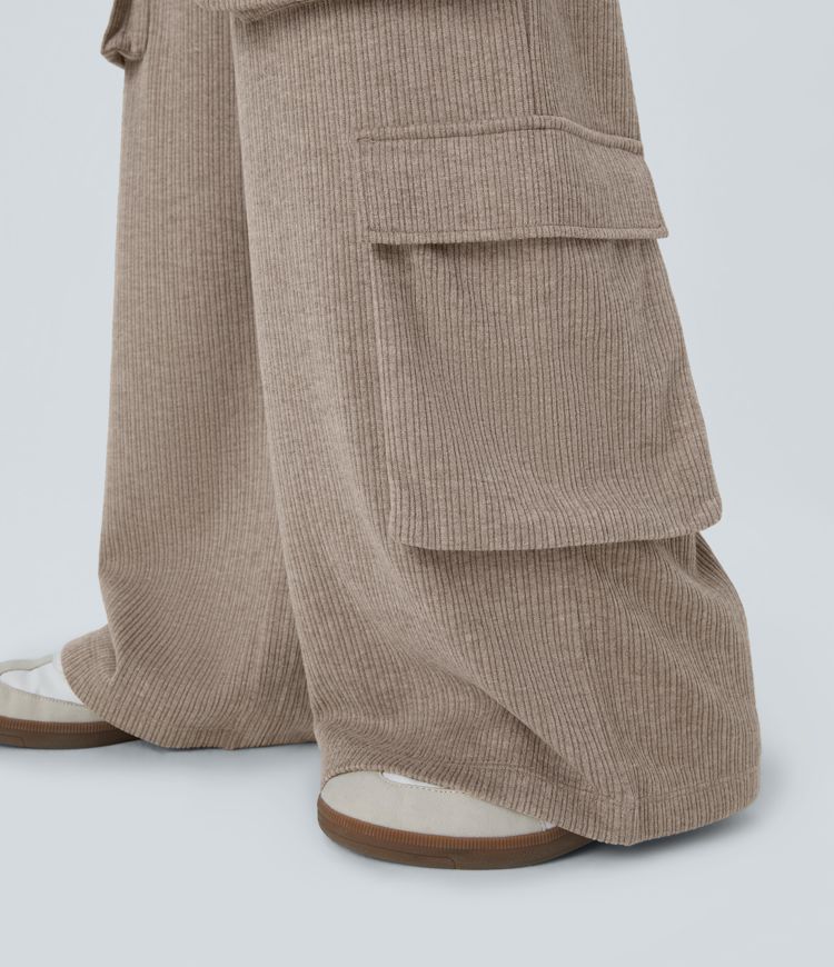 Ribbed Mid Rise Drawstring Pockets Wide Leg Cargo Casual Pants