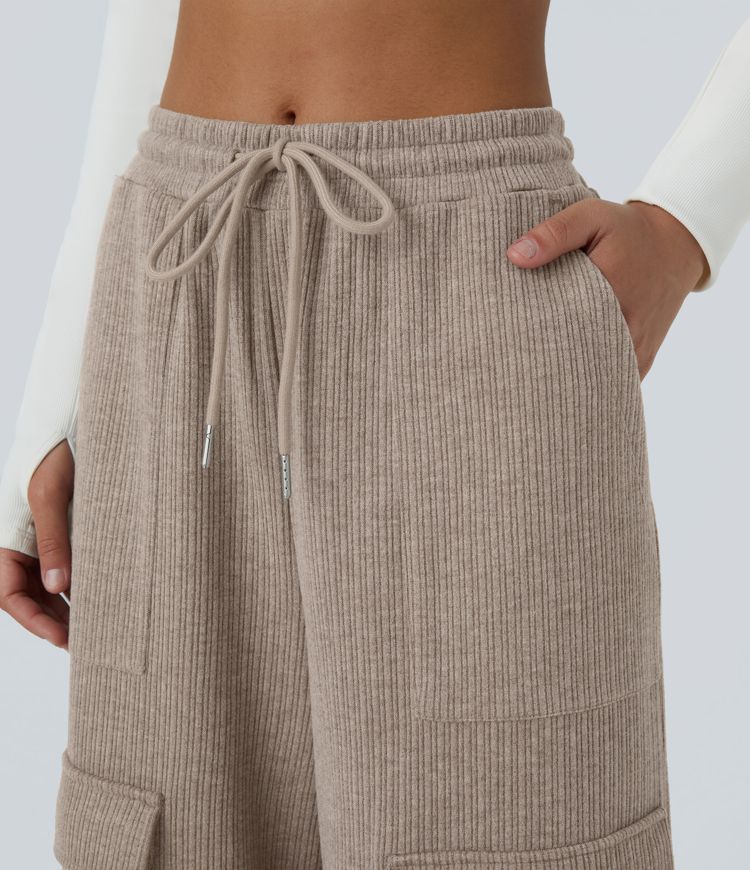 Ribbed Mid Rise Drawstring Pockets Wide Leg Cargo Casual Pants