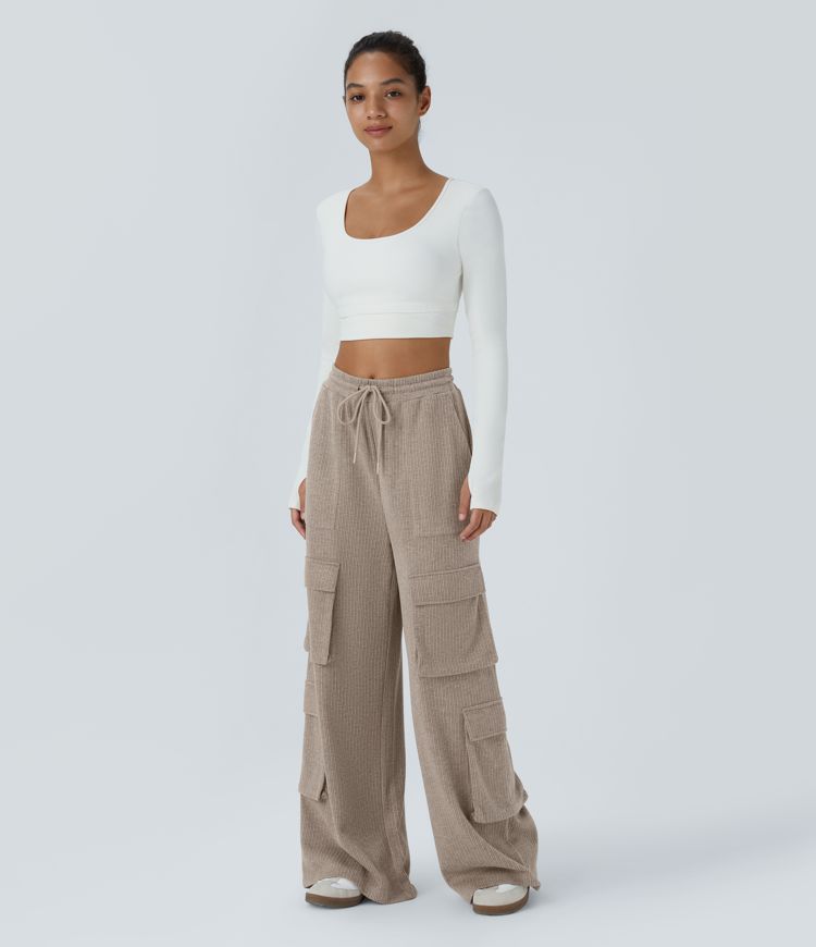Ribbed Mid Rise Drawstring Pockets Wide Leg Cargo Casual Pants