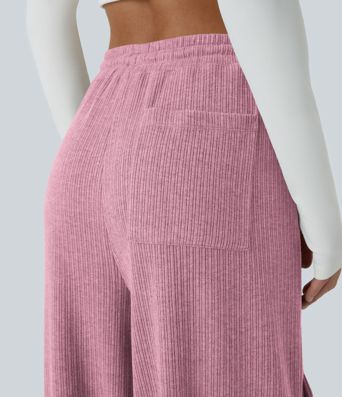 Ribbed Mid Rise Drawstring Pockets Wide Leg Cargo Casual Pants