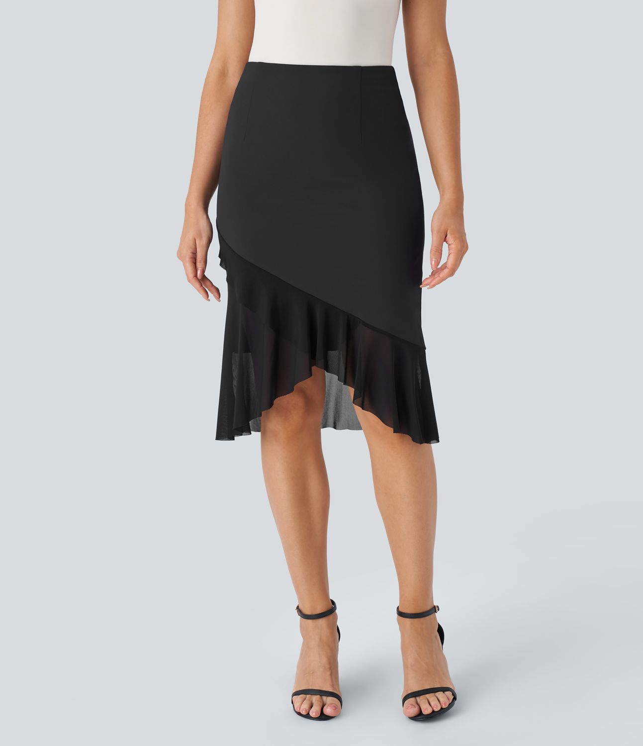 High-waist contrast mesh ruffle hem mermaid skirt for business