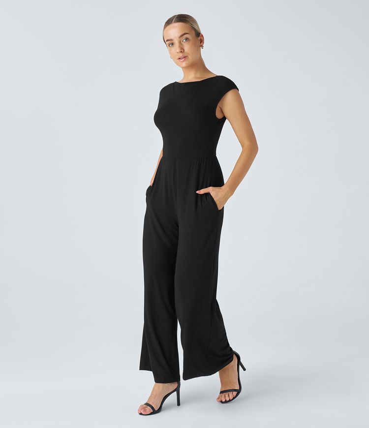 Draped neck cap sleeve backless twist side pocket casual jumpsuit