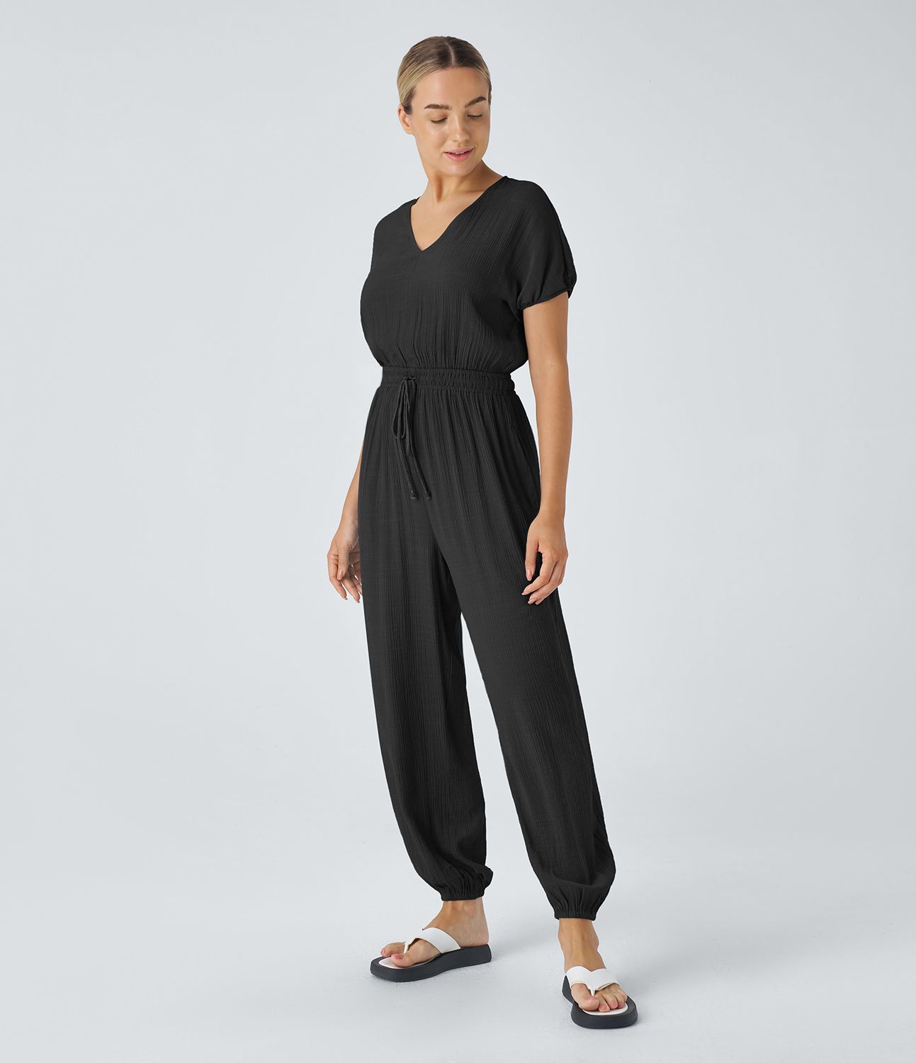 V Neck Keyhole Back Short Sleeve Drawstring Side Pocket Casual Jogger Jumpsuit