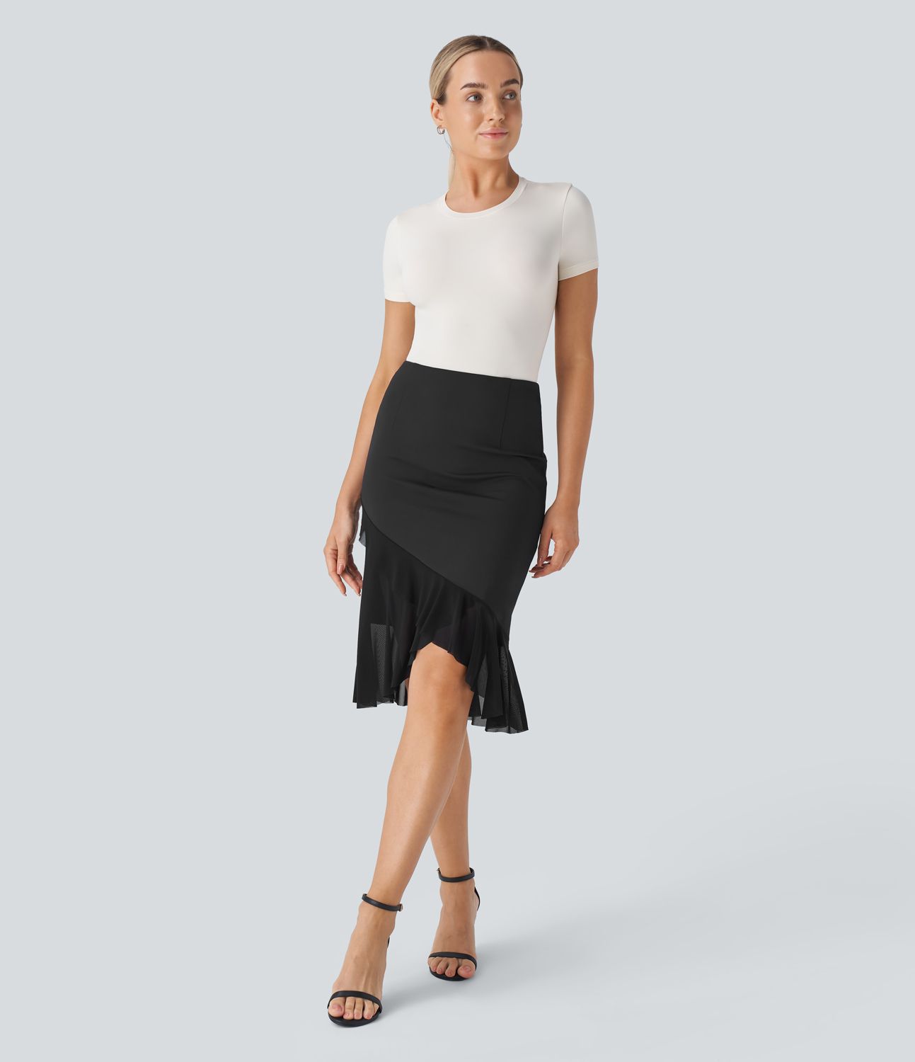 High-waist contrast mesh ruffle hem mermaid skirt for business