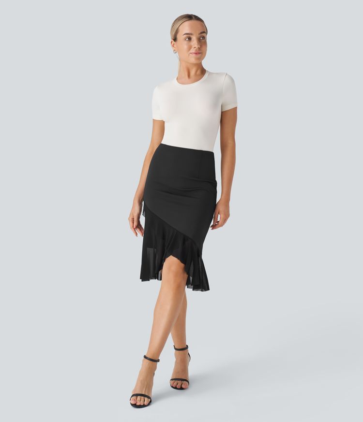 High-waist contrast mesh ruffle hem mermaid skirt for business