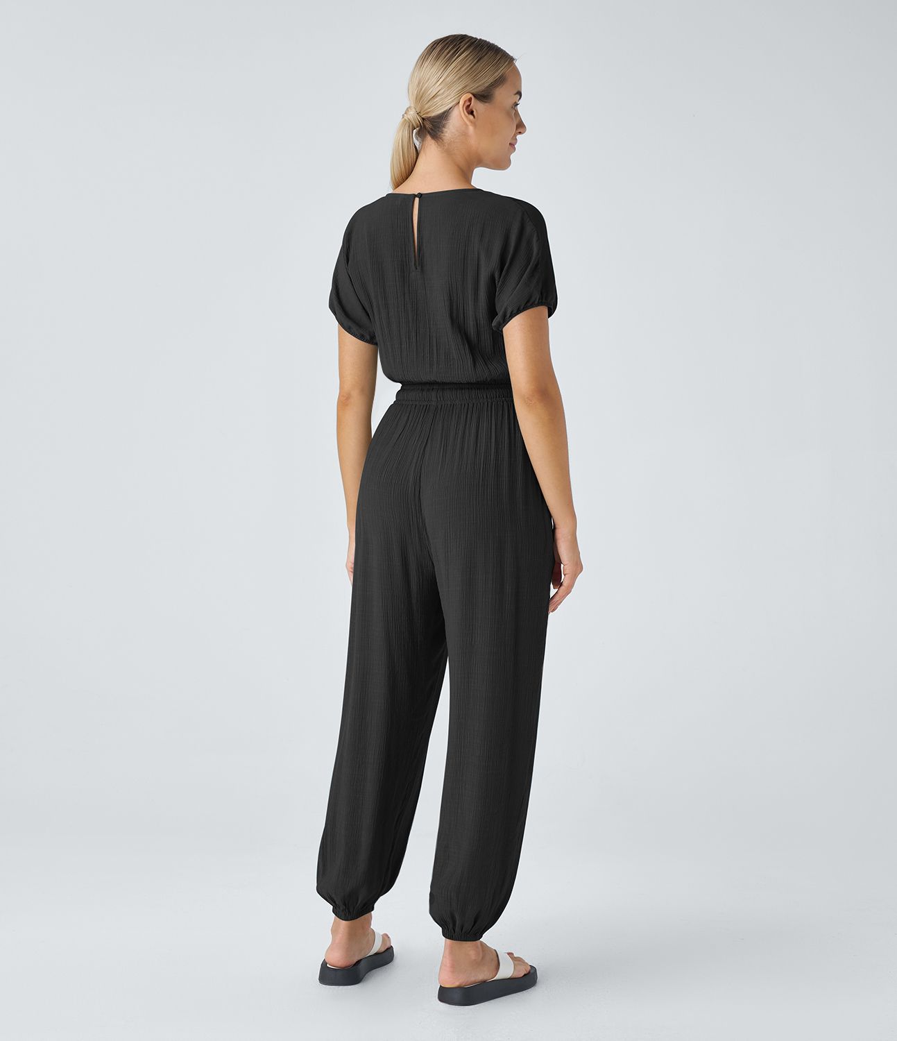 V Neck Keyhole Back Short Sleeve Drawstring Side Pocket Casual Jogger Jumpsuit