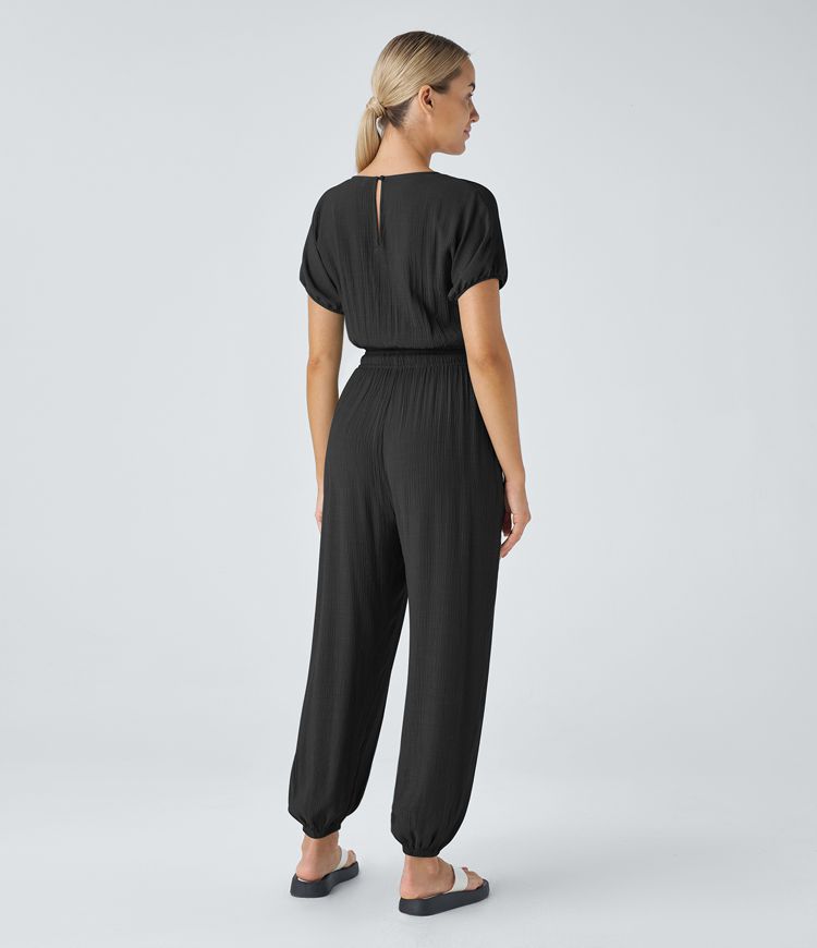 V Neck Keyhole Back Short Sleeve Drawstring Side Pocket Casual Jogger Jumpsuit