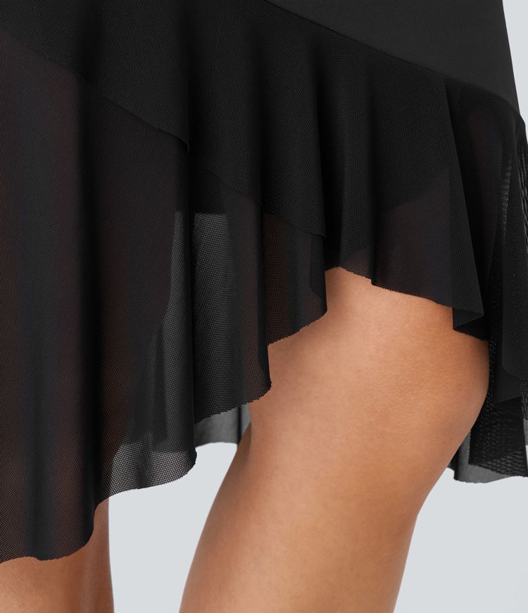 High-waist contrast mesh ruffle hem mermaid skirt for business