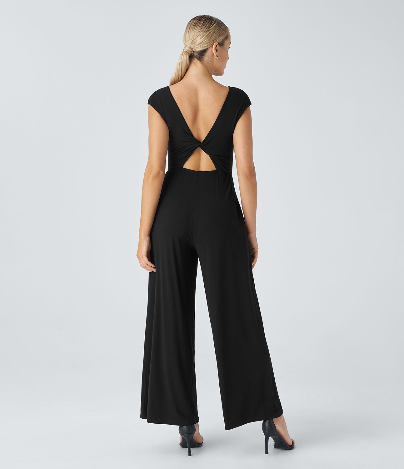 Draped neck cap sleeve backless twist side pocket casual jumpsuit