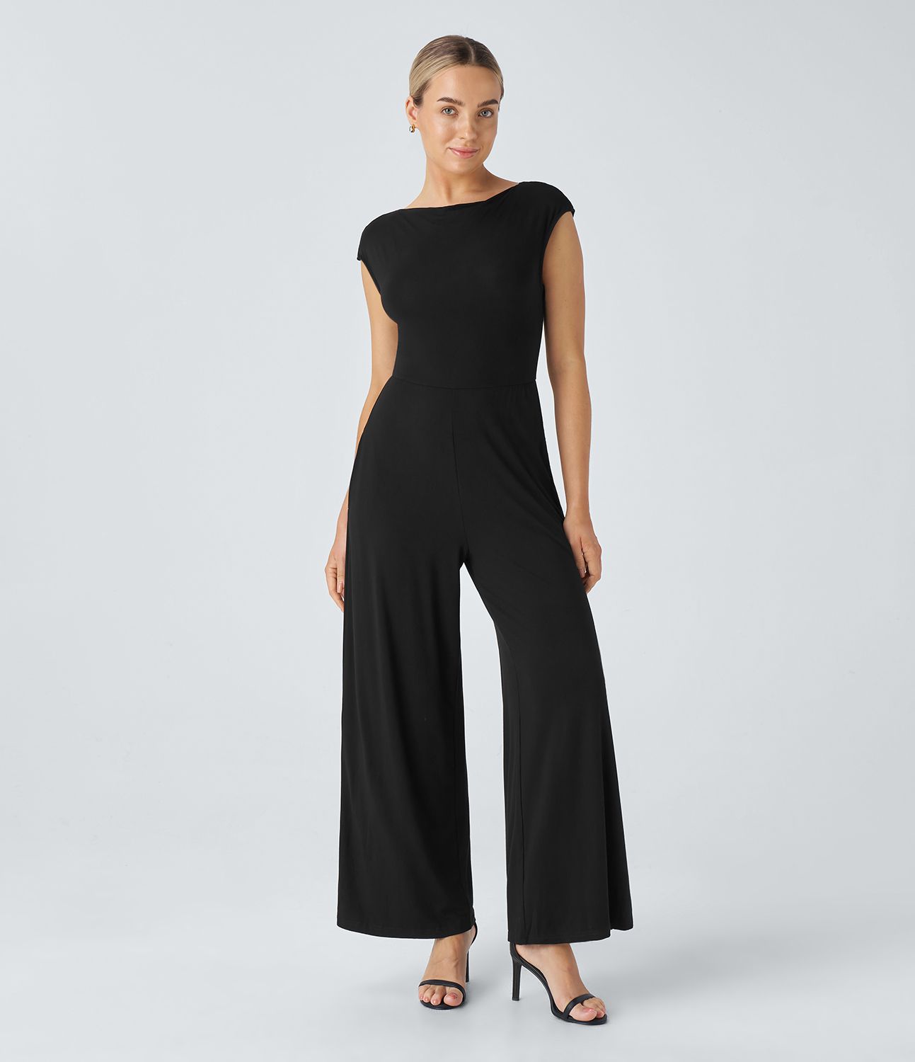 Draped neck cap sleeve backless twist side pocket casual jumpsuit