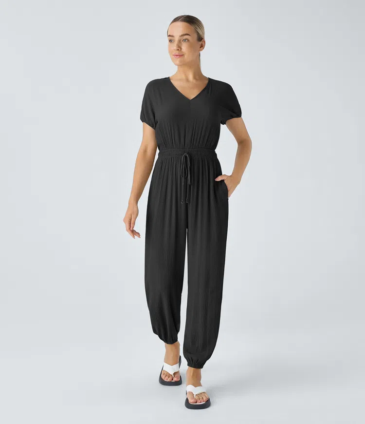 V-neck keyhole back short sleeve drawstring side pocket pleated casual jogging jumpsuit