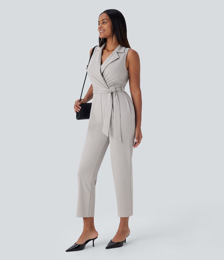 Notched Collar Sleeveless Side Pockets Belted Tapered Work Jumpsuit