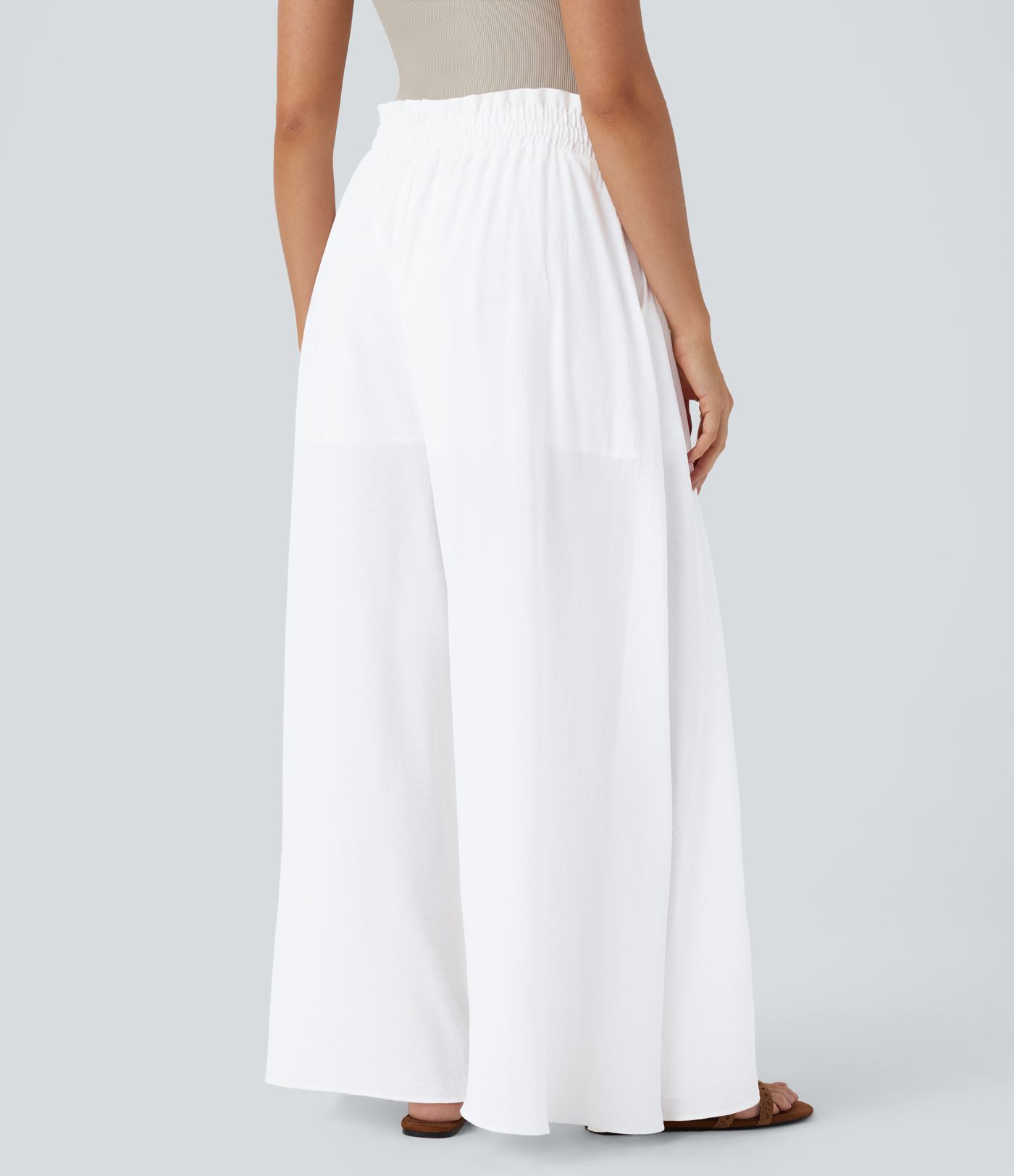 Frill Mid High Waisted Drawstring Pocket 2-in-1 Wide Leg Flowy Casual Linen-Feel Pants