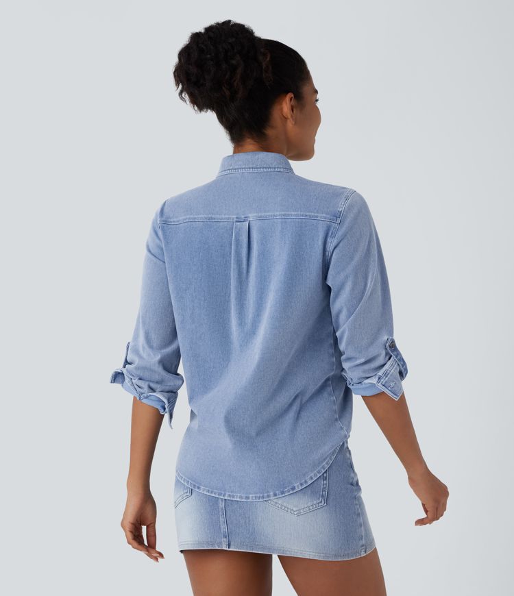 Halara Flex™ Freizeithemd aus dehnbarem Strick-Denim mit Kragen, langen Ärmeln, Brusttasche und Knopf