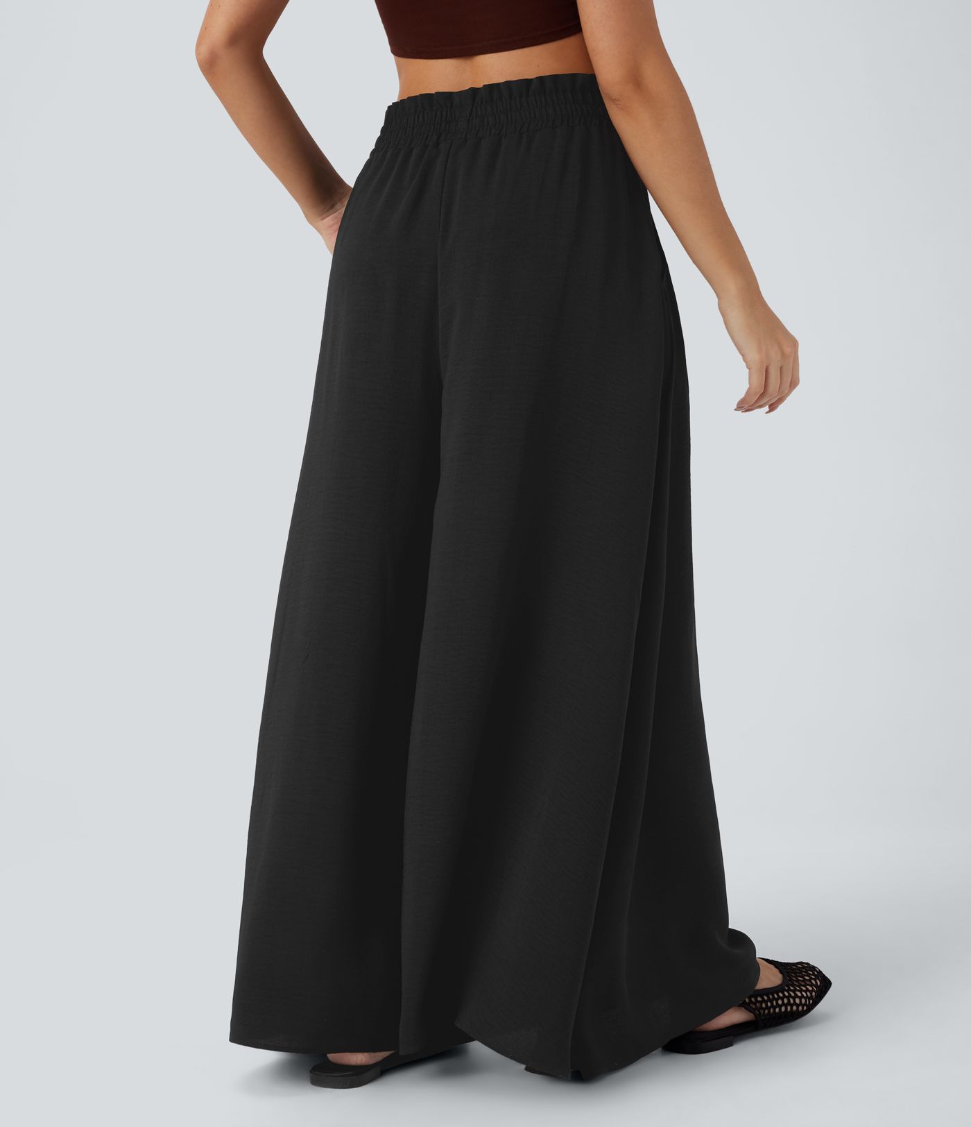 Pantalones casuales de lino con cintura alta, cordón, bolsillos y pierna ancha 2 en 1