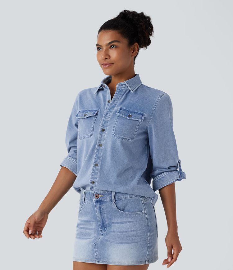 Halara Flex™ Freizeithemd aus dehnbarem Strick-Denim mit Kragen, langen Ärmeln, Brusttasche und Knopf