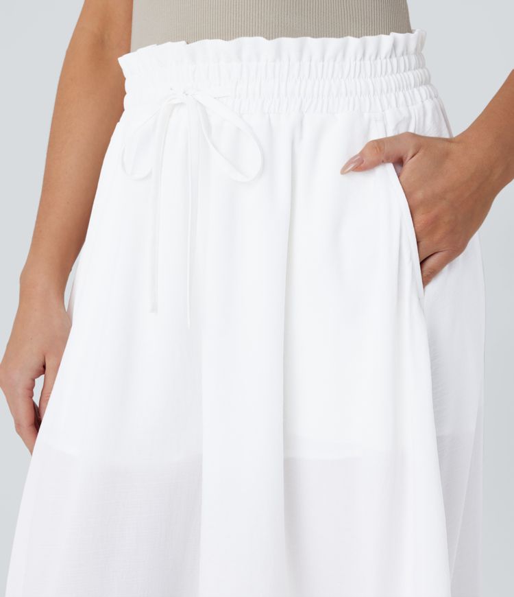 Frill Mid High Waisted Drawstring Pocket 2-in-1 Wide Leg Flowy Casual Linen-Feel Pants