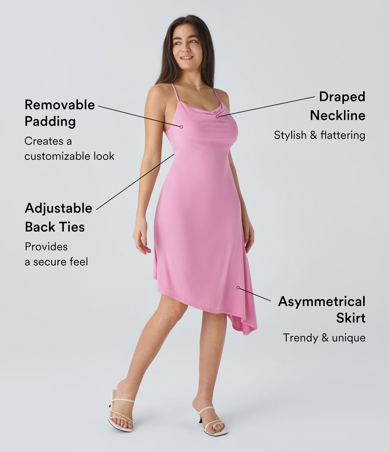 Vestido fiesta midi dobladillo asimétrico cordón cruzado sin espalda cuello vuelto acanalado