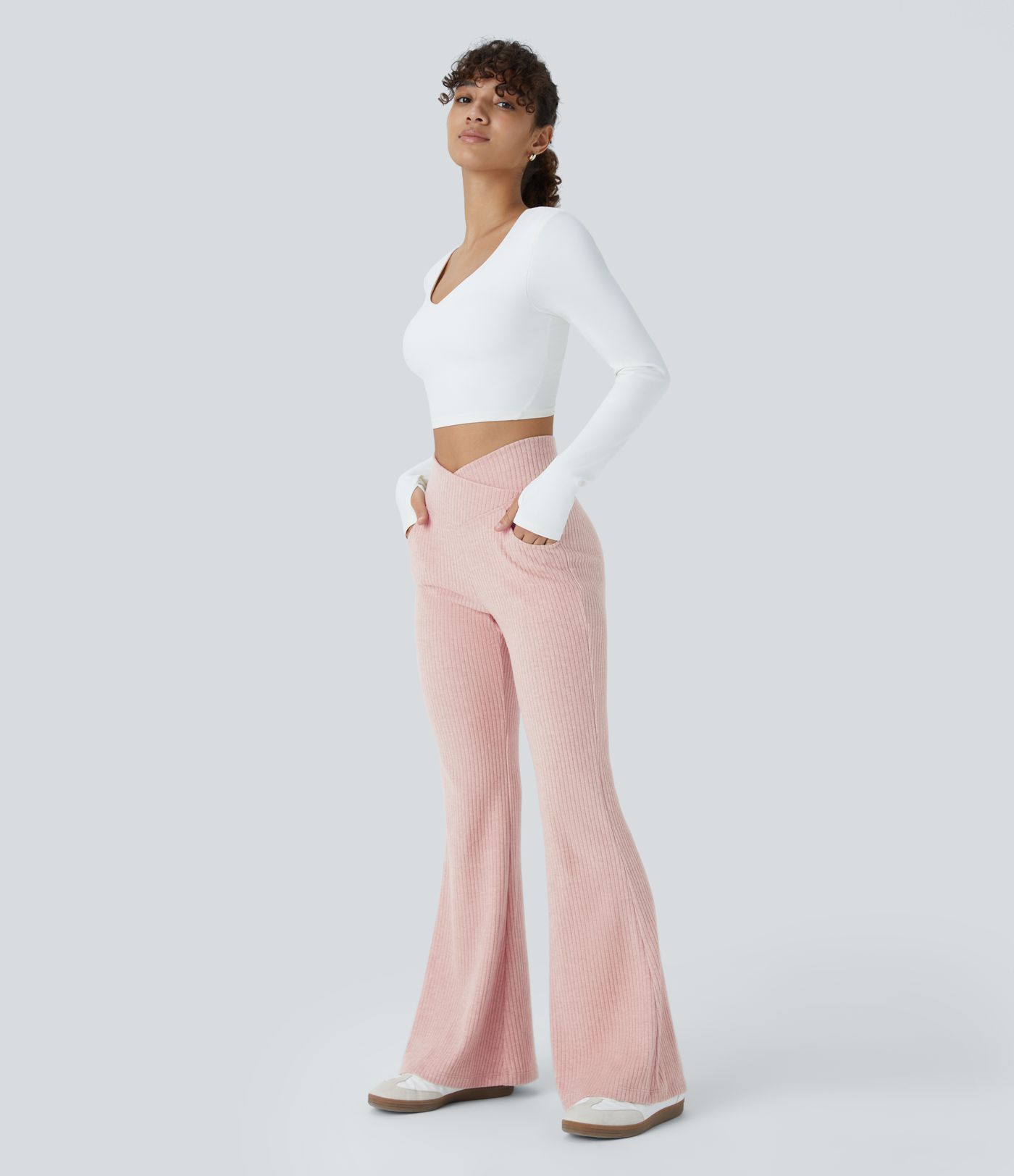 Ribbed Knit Crossover High Waisted Pocket Casual Flared Trousers