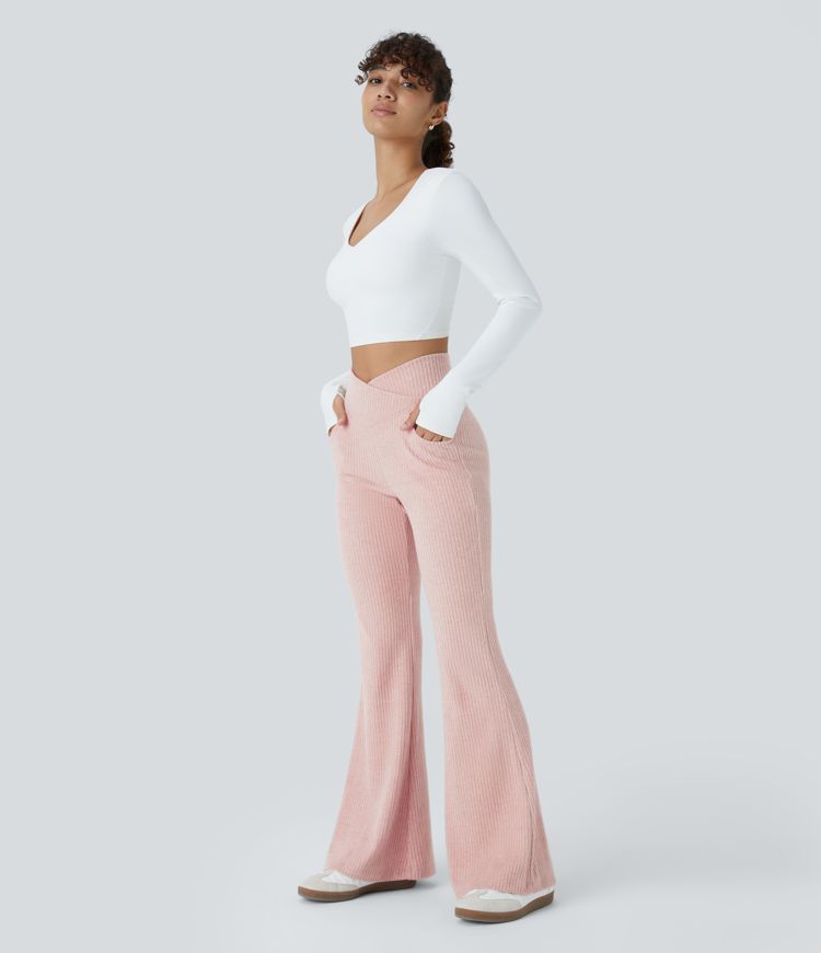 Ribbed Knit Crossover High Waisted Pocket Casual Flare Pants