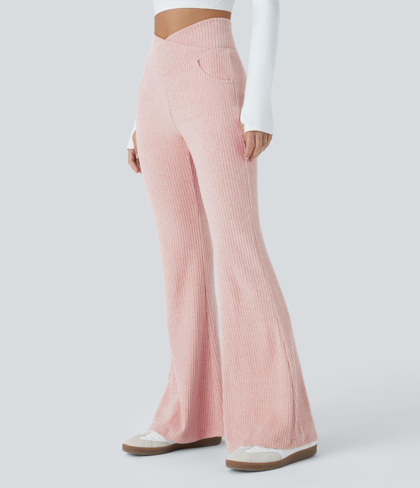 Ribbed Knit Crossover High Waisted Pocket Casual Flared Trousers