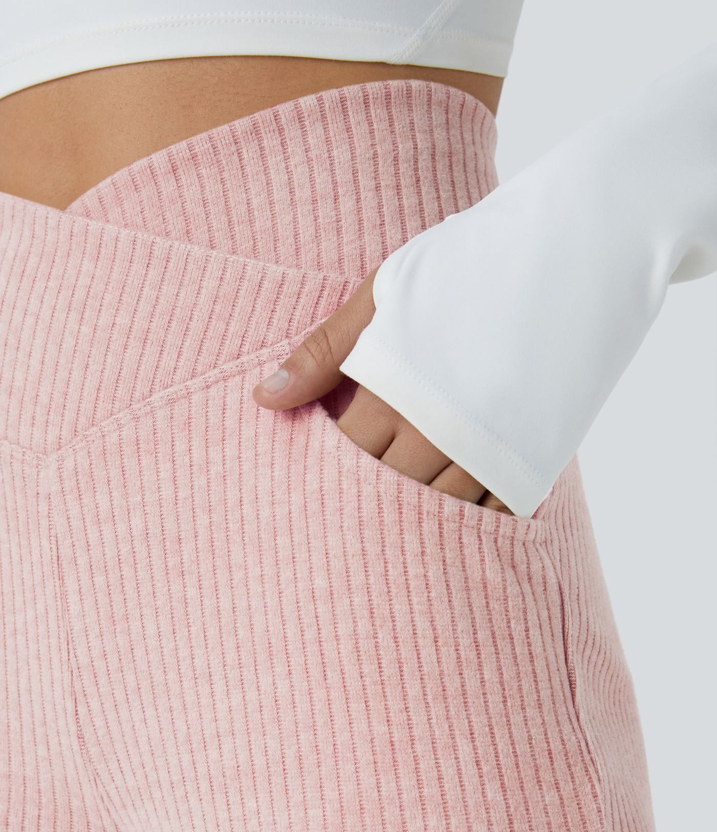 Ribbed Knit Crossover High Waisted Pocket Casual Flared Trousers