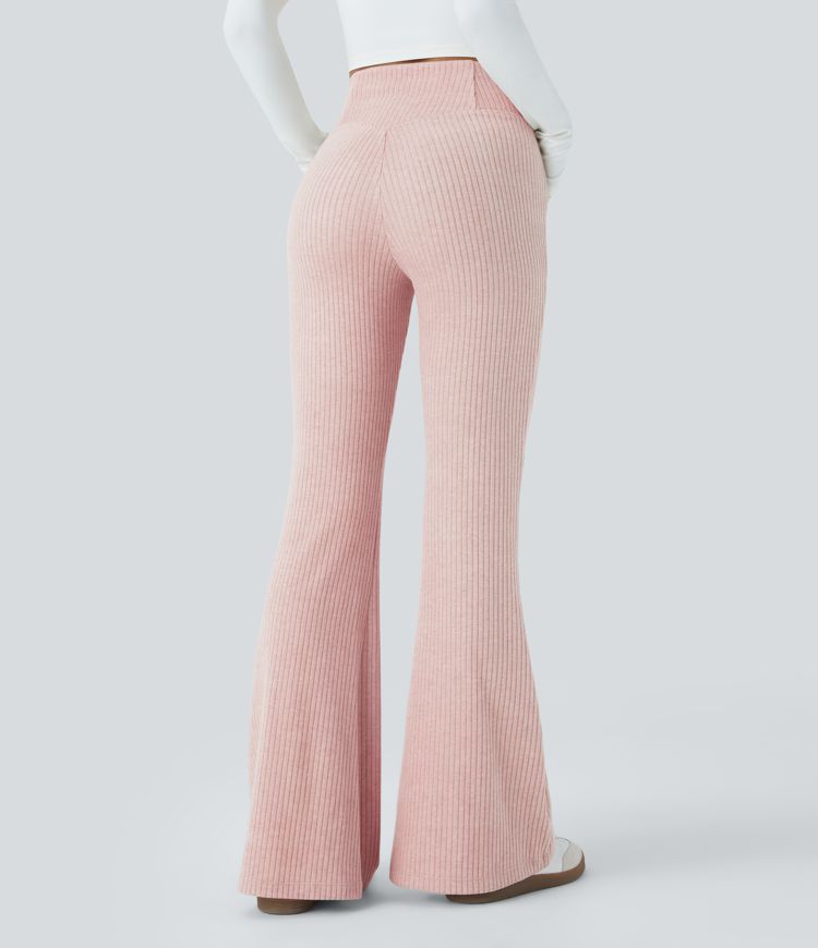 Ribbed Knit Crossover High Waisted Pocket Casual Flare Pants
