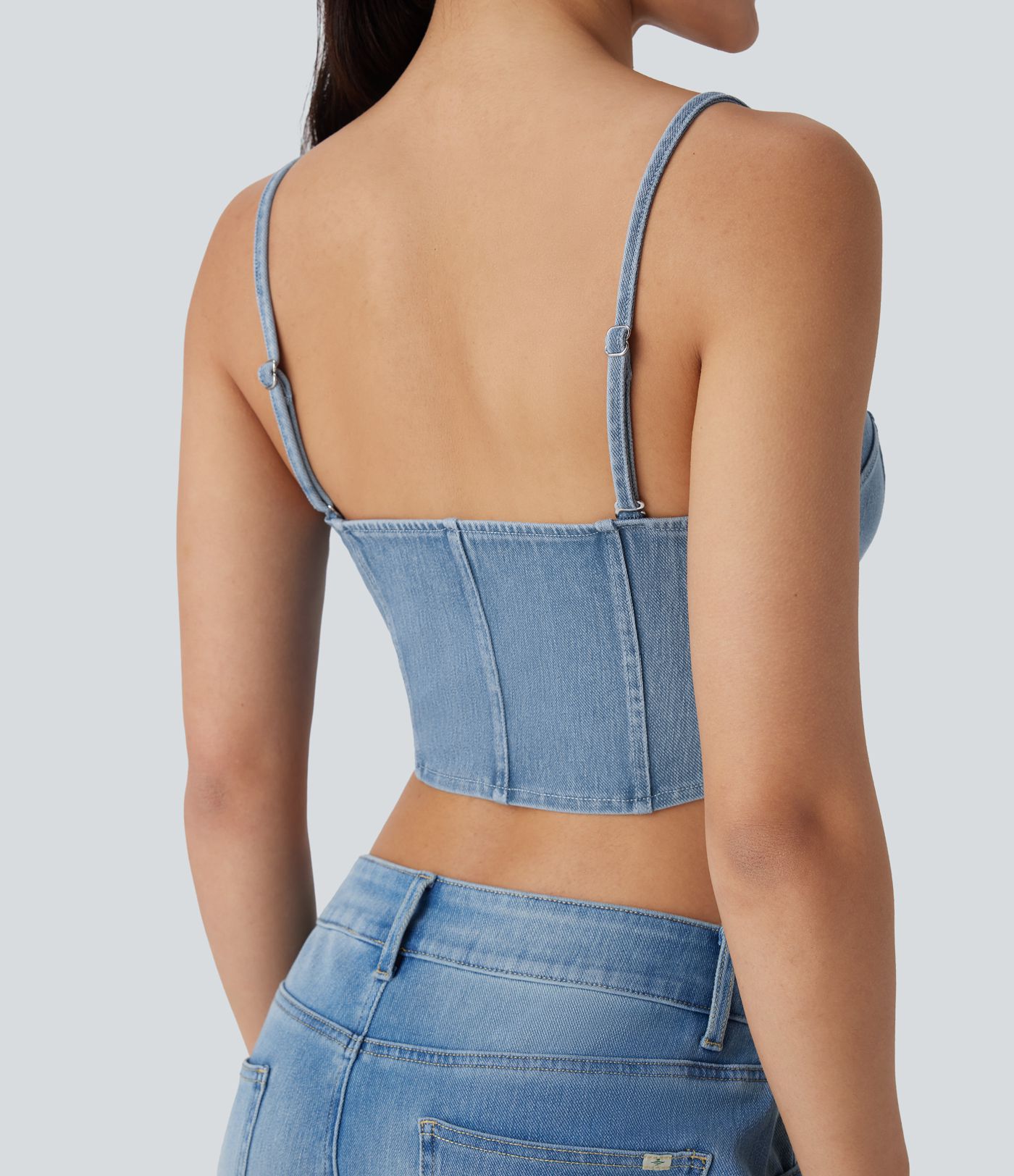 Top Halara Flex™ Denim corto mezclilla elástico sin espalda tirante ajustable