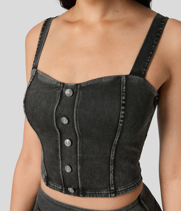 Camiseta sin mangas Halara Flex™ Denim mezclilla elástica sin mangas punto elástico ajustado botón 