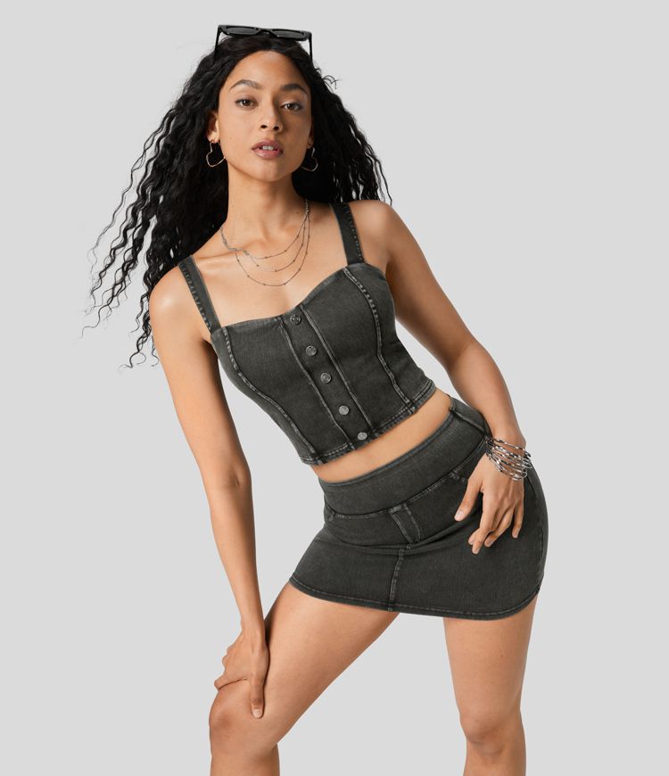 Camiseta sin mangas Halara Flex™ Denim mezclilla elástica sin mangas punto elástico ajustado botón 