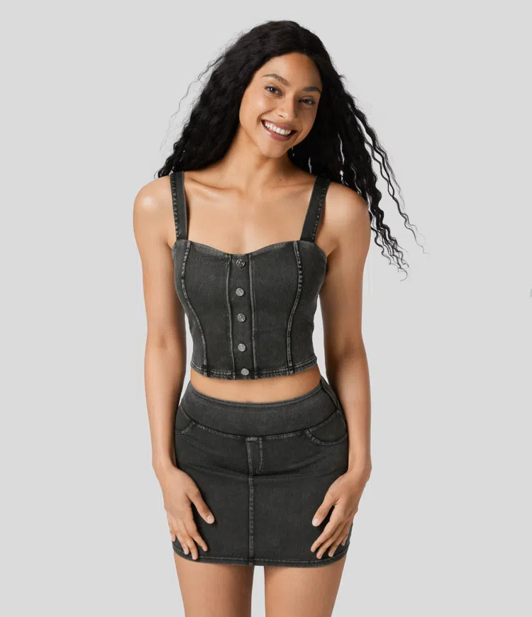 Halara Flex™ Button Crop Skinny Stretch Knit Denim Casual Tank Top