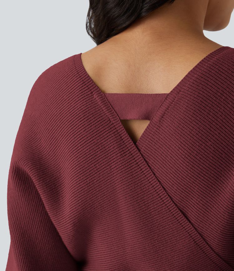 Robe-pull courte décontractée à col V croisé, manches chauve-souris longues et ceinture