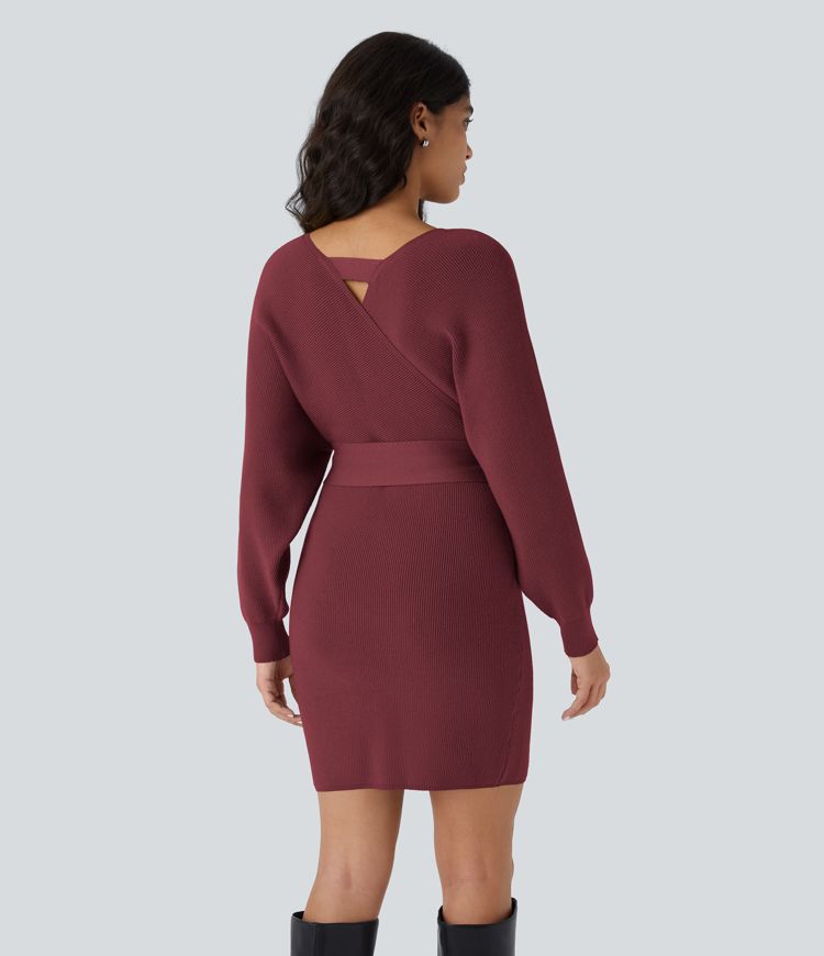 Robe-pull courte décontractée à col V croisé, manches chauve-souris longues et ceinture