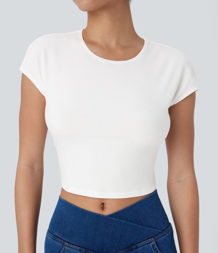 Ribbed Knit Round Neck Short Sleeve Cropped Casual Baby Tee