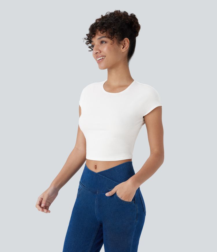 Ribbed Knit Round Neck Short Sleeve Cropped Casual Baby Tee