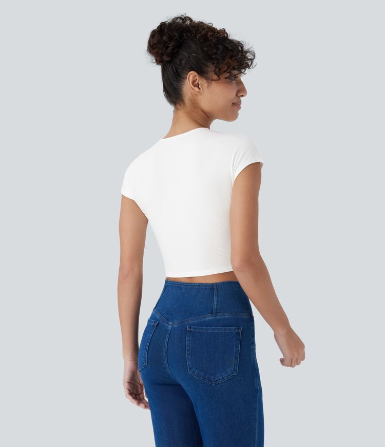 Ribbed Knit Round Neck Short Sleeve Cropped Casual Baby Tee