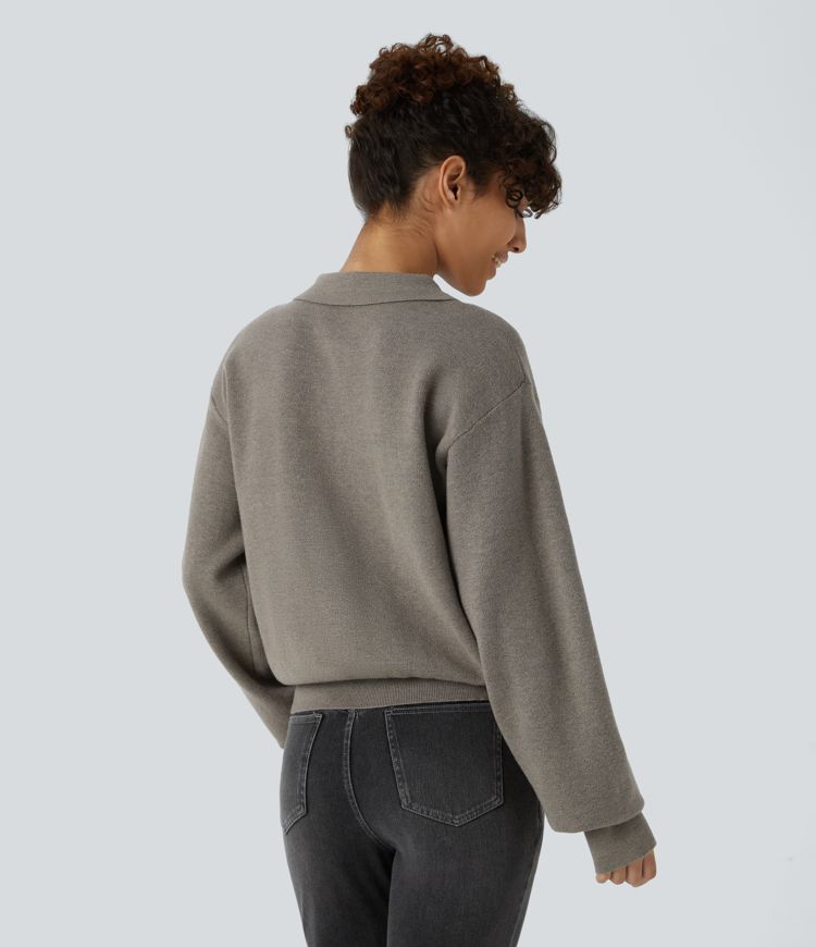Collared Button Chest Pocket Long Sleeve Casual Sweater