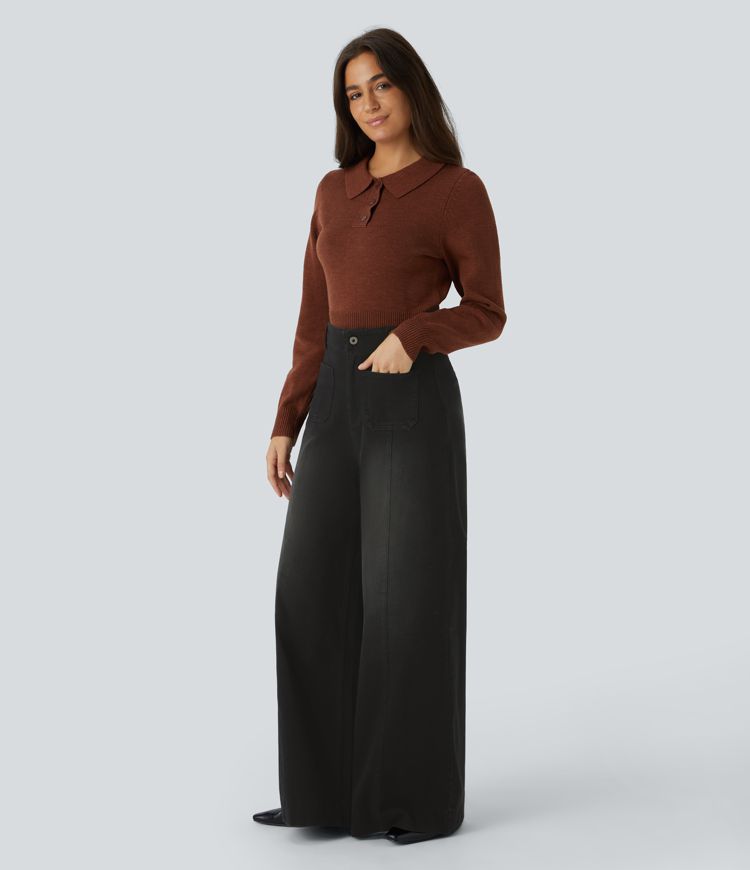Halara Flex™ Jean Palazzo et Large Taille Haute avec Poches Avant en Tricot Extensible Lavé