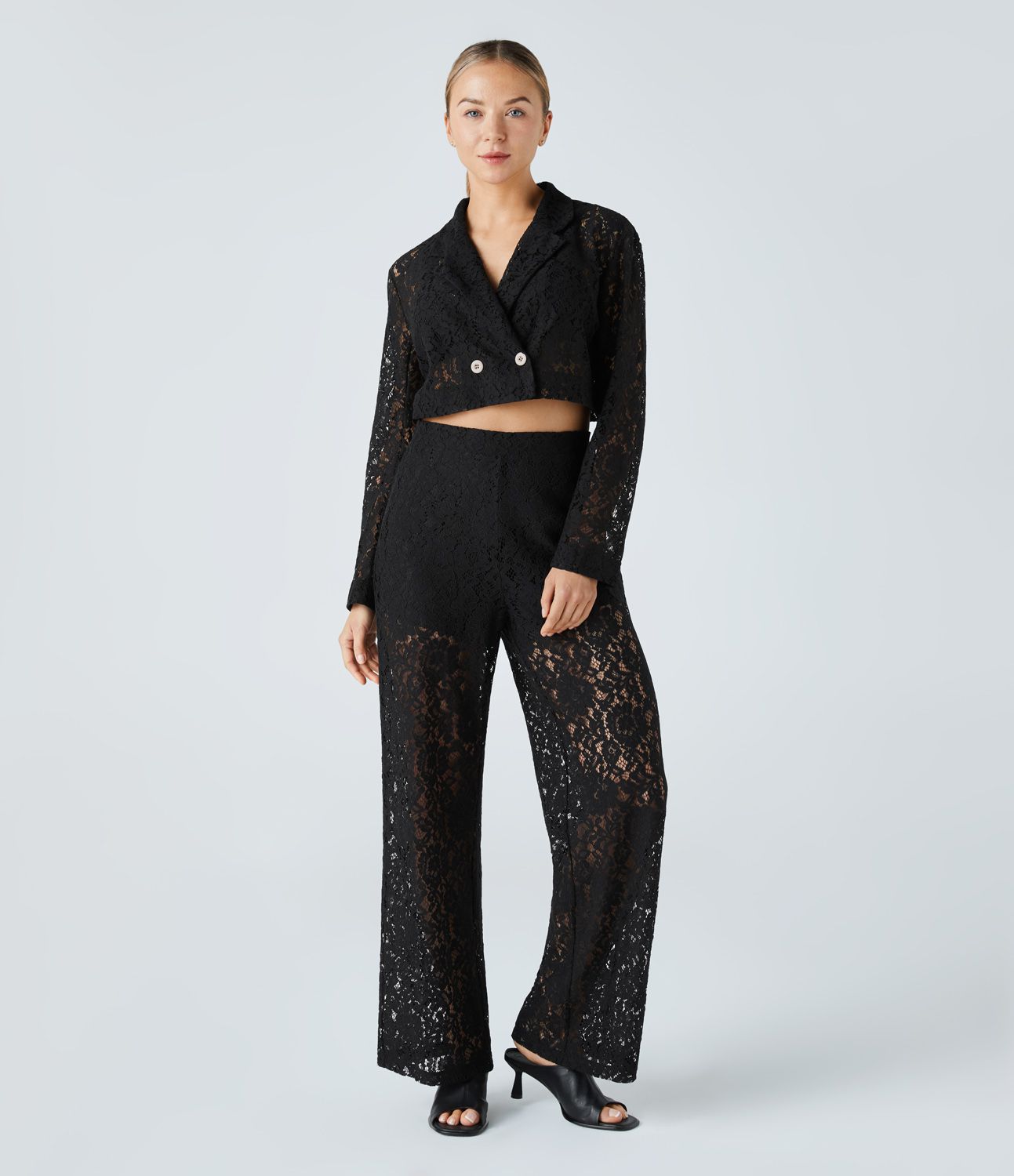 Short-cut transparent lace leisure jacket with lapel collar and two buttons