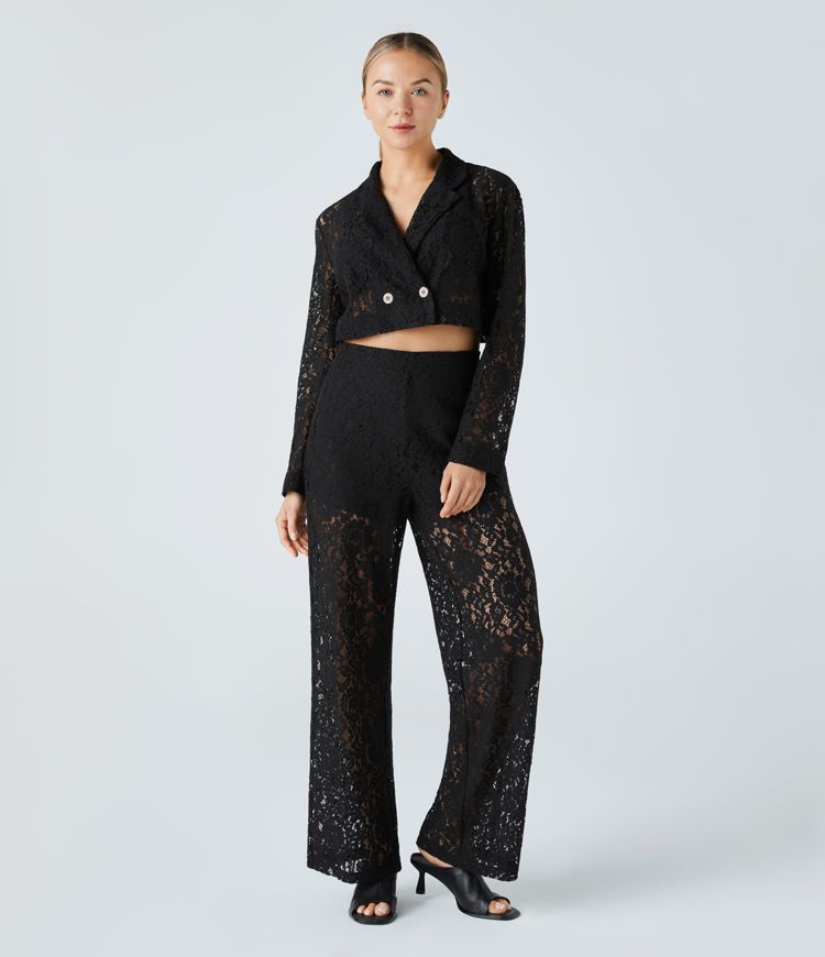 Short-cut transparent lace leisure jacket with lapel collar and two buttons