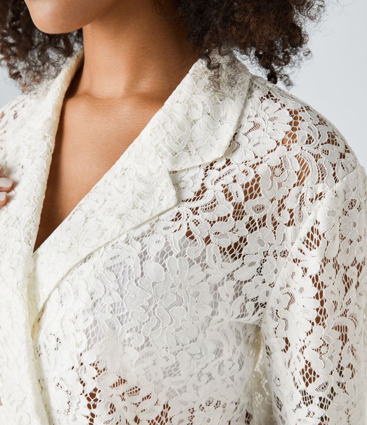 Veste Casual à Col Revers Double Boutonnage Croisée et en Dentelle Transparente