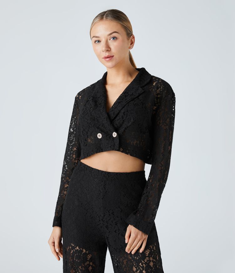Short-cut transparent lace leisure jacket with lapel collar and two buttons